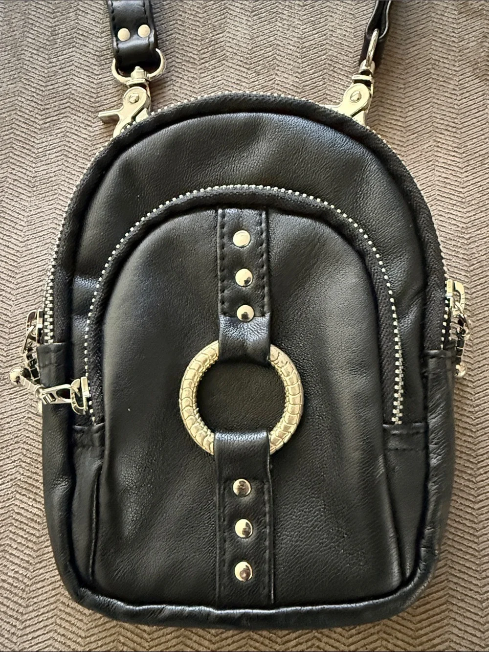 Black Leather Crossbody Bag with Ring Accent - NEW!